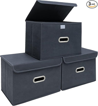 STOREONE Fabric Storage Cube Bins Foldable Organizer Container Collapsible Basket with Lids and Metal Handles, for Home, Bedroom, Closet 3 Pcs (Grey)