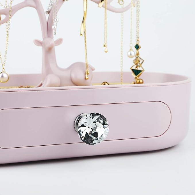 MORE&LESS Antlers Jewelry Display Stand with Drawer and Crystal Handle, Tree Tower Rack Hanging Organizer for Ring Earrings Necklace Bracelet