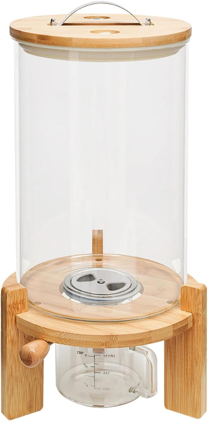 Rice Dispenser, 7.5L Glass Rice Container Cereal Container with Bamboo Stand Large Food Storage Container Flour Organization with Airtight Lid & Measuring Cup for Grain Legumes (7.5L)