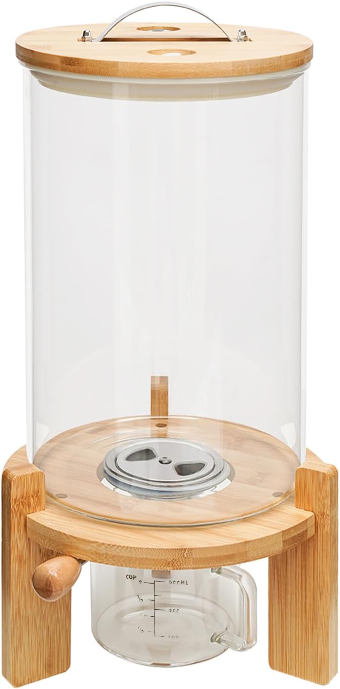 DYNAMI 7.5L/2Gal Glass Rice Dispenser with Airtight Lid,Glass Cereal Dispenser w/Bamboo Stand and Measuring Cup,Bamboo Lid with Thermometer & Silicone Seal Ring,for Kitchen Organization Pantry Store