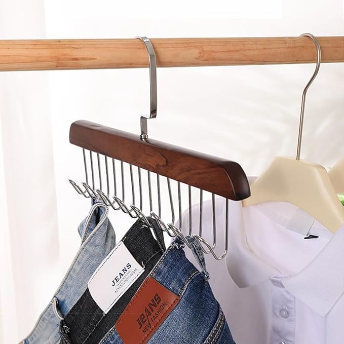 4 Pack Tie Rack Hanger with 8 Metal Hooks, Space Saving Necktie Organizer for Men – Large Capacity Tie and Belt Wooden Hanger for Closet (Natural)