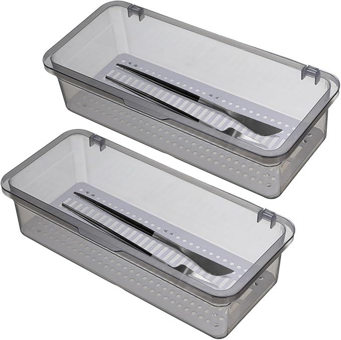 2PCS Silverware Organizer with Lid, Silverware Tray with Drainer Kitchen Cutlery Tray and Utensil Storage Container to Keeps Your Cutlery Organized (Grey)