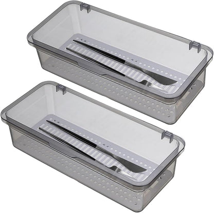 2PCS Silverware Organizer with Lid, Silverware Tray with Drainer Kitchen Cutlery Tray and Utensil Storage Container to Keeps Your Cutlery Organized (Grey)