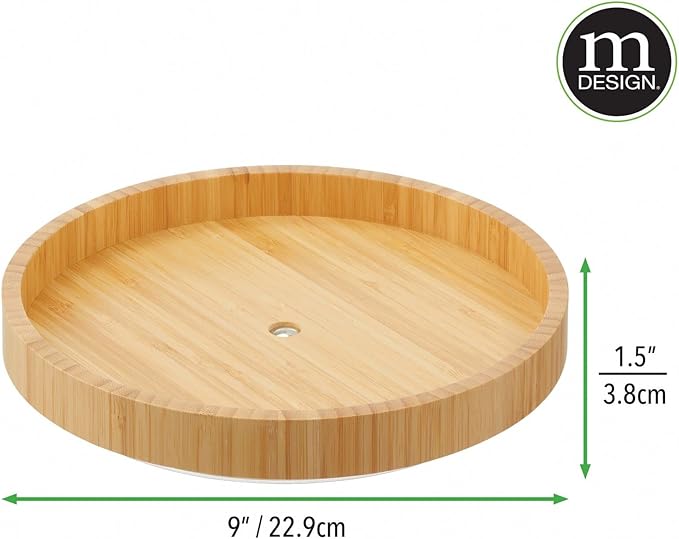 mDesign Bamboo Lazy Susan Turntable Food Storage Container for Cabinets, Pantry, Refrigerator, Countertops, Spinning Organizer for Spices, Condiments - 9" Round - Echo Collection - 2 Pack - Natural