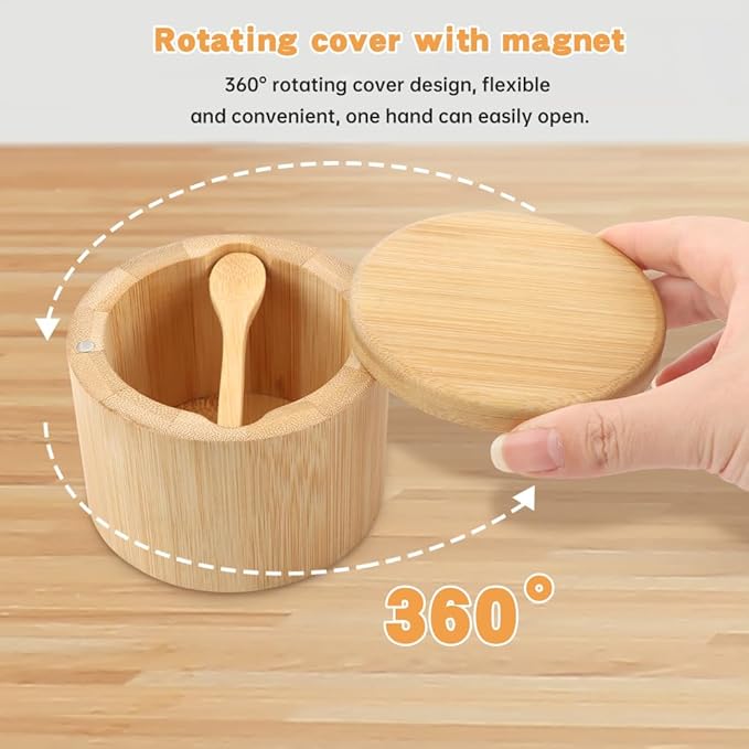 Magnetic Rotating Lid Bamboo Spice Jar with Built in Spoon, 6oz Salt Cellar Small Sal-t Box, Kitchen Salt Pepper Shaker, Easy-Pour Spice Dispenser for Sugar, Herbs, Seasonings(COLOR:Wood)