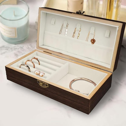 Handmade Wood Jewelry Box - Stylish Wood Travel Organizer for Women & Men, Unique Gift Ideas for Rings, Earrings, Necklaces & Bracelets, Flame Work Finish （Brown）
