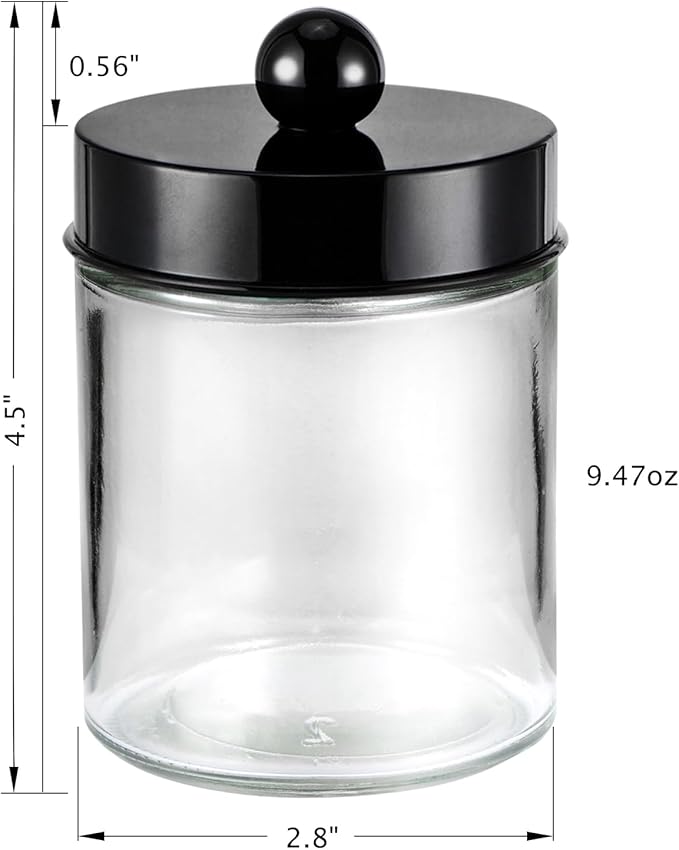3PC Farmhouse Decor Qtip Holder Apothecary Jars Bathroom Vanity Storage Organizer -Countertop Canister Container &Cute Stickers for Cotton Swab, Ball,Pad,Floss,Paper Clips (Black)