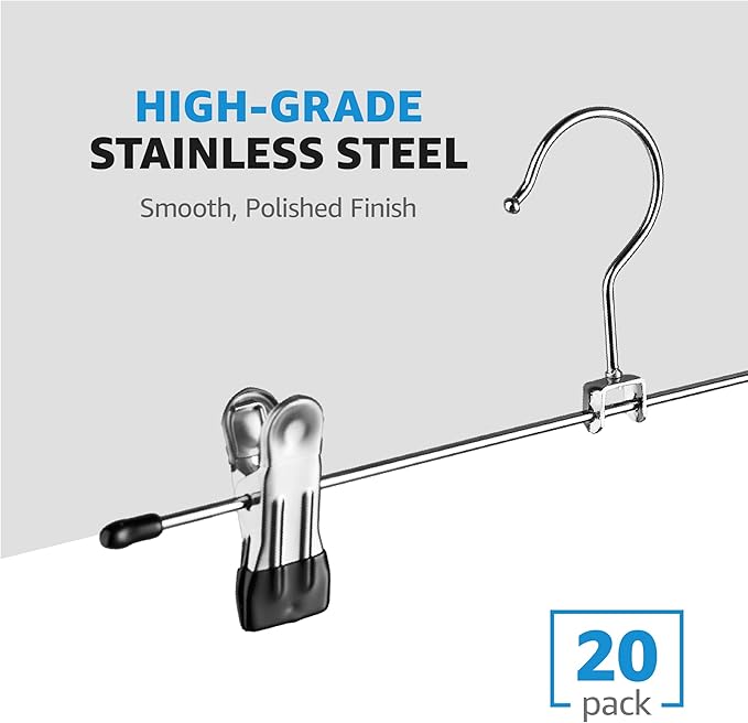 ZOBER Metal Pants Hangers with Clips - Pack of 20 Space Saving Skirt Hangers for Women - Chrome, Non-Slip, Adjustable Clips, for Pants, Skirts, Jeans Closet Organization, College Dorm Essentials