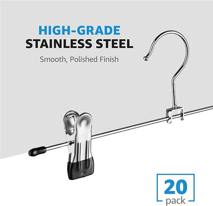 ZOBER Metal Pants Hangers with Clips - Pack of 20 Space Saving Skirt Hangers for Women - Chrome, Non-Slip, Adjustable Clips, for Pants, Skirts, Jeans Closet Organization, College Dorm Essentials