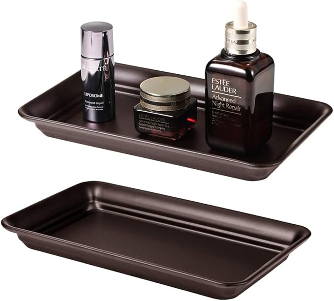 Vintage Farmhouse Decor Metal Vanity Tray(2 Pack),Countertop Guest Hand Towel Storage Organizer Tray Dispenser, Sturdy Holder for Perfume,Cosmetics, Jewelry, Makeup Bathroom Organizer (Bronze)