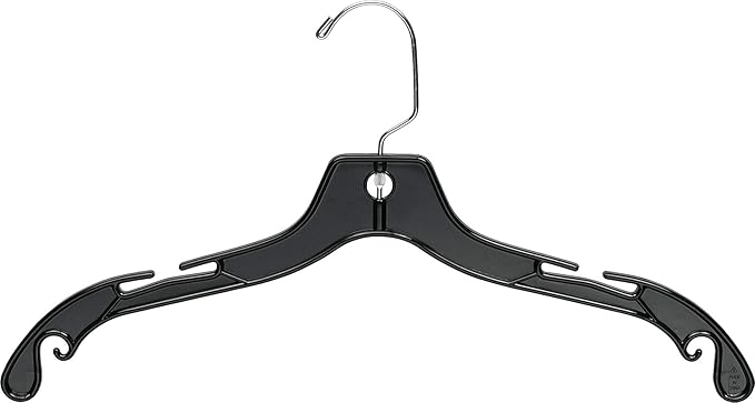 Sturdy Black Plastic Top Hanger, (Box of 25) Durable Space Saving Hangers with 360 Degree Chrome Swivel Hook and Notches for Hanging Straps