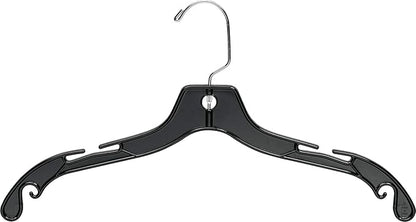 Sturdy Black Plastic Top Hanger, (Box of 25) Durable Space Saving Hangers with 360 Degree Chrome Swivel Hook and Notches for Hanging Straps