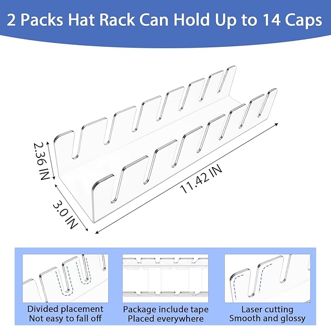 Hat Organizer for Baseball Caps 2Pcs No Install Acrylic Hat Racks for 14 Baseball Caps Storage Organizer for Closet, Bedroom, Dresser, Office Display Holder Durable