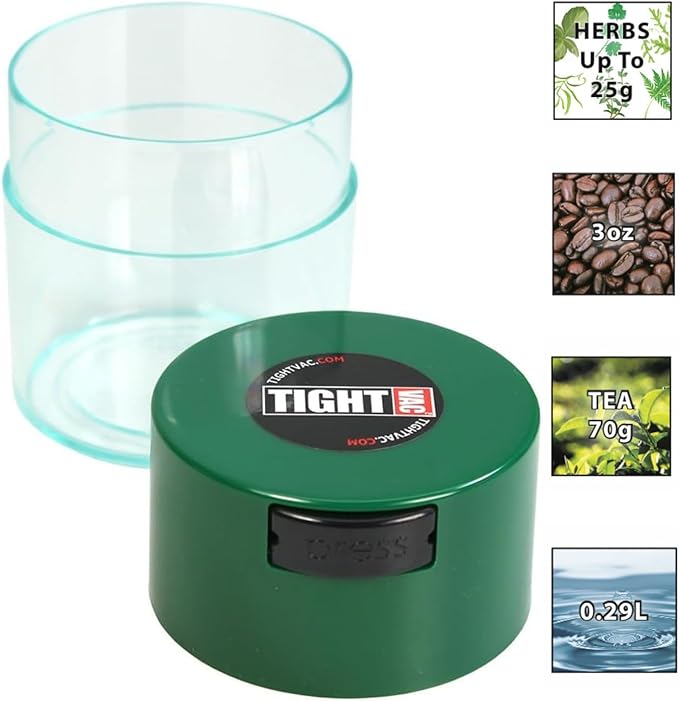 Tightvac - Premium Airtight Herb Storage Container - Holds ½ oz to 3 ounces - Keep Your Herbs and Dry Goods Fresh and Flavorful. Clear Green