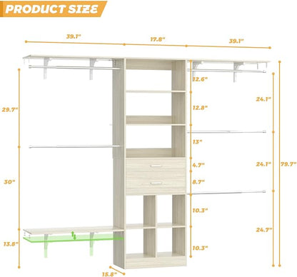 Besiost Closet System - 8FT Closet Organizer System with Wooden Drawers, 96" Closet Systems for Nursery & Walk-In Closets with Cuttable Hanging Shelving, Greige Oak