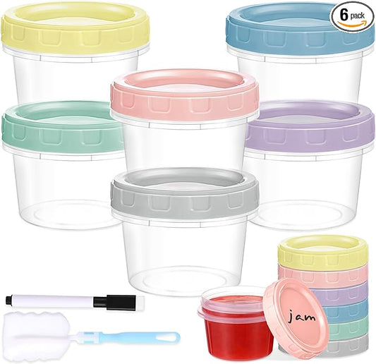 Yomarket 6pcs 4 oz Plastic Containers with Screw Lids, Reusable 1/2 Cup Small Food Storage Containers, Leakproof, Microwave Dishwasher Freezer Safe, with Pen and Brush