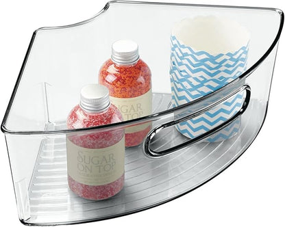 mDesign Plastic Lazy Susan Cabinet Storage Bin with Front Handle for Kitchen Countertop, Pantry, Shelf, Fridge Organization - Hold Food, Drinks, Snacks - Ligne Collection - 8 Pack - Smoke Gray Tint