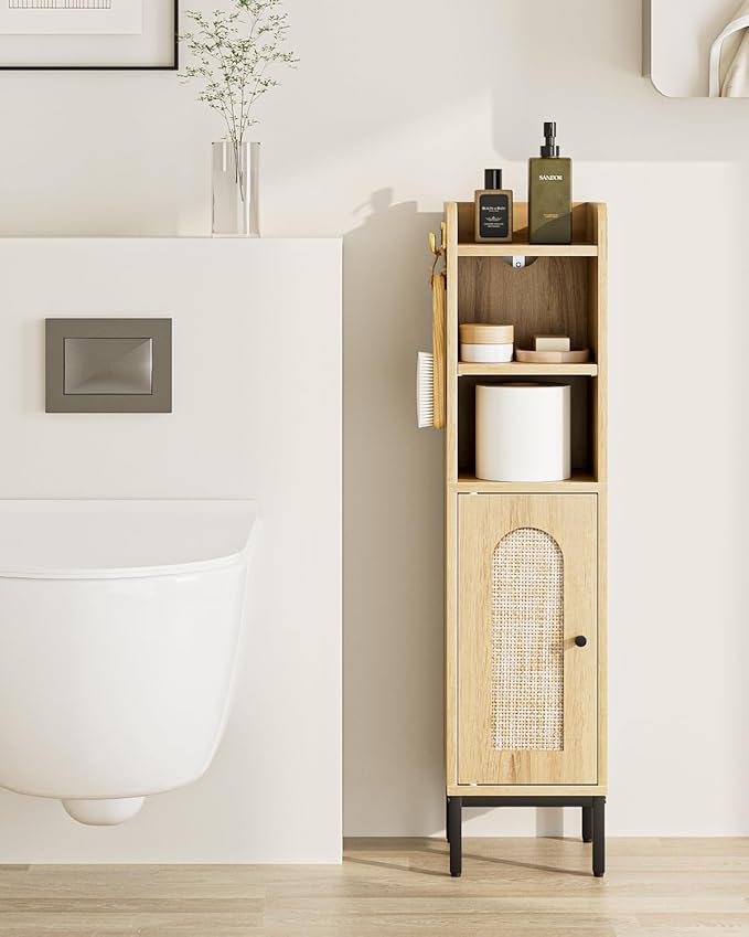 Bathroom Storage Cabinet, Small Corner Floor Hutch with 2Hooks,Narrow Toilet Paper Cabinet with Rattan Door,Bathroom Organizer with Adjustable Shelf, for Small Spaces,Oak