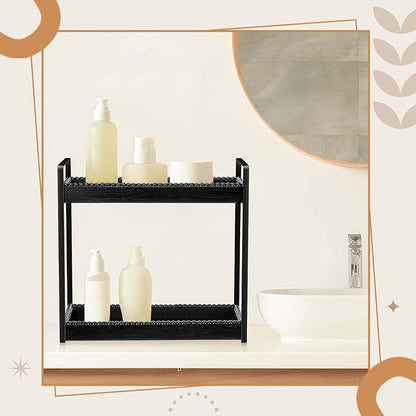DoubleFill Bathroom Countertop Organizer, 2 Tier Wood Bead Vanity Organizer Tray for Bathroom Cosmetic Skincare Perfume Kitchen Coffee Station Organization(Black,Classic)