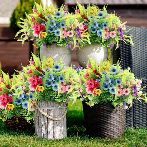 ZEOSTARO Artificial Outdoor Plants 12 Bundles Fake Boston Fern with Eucalyptus Flowers Faux UV Resistant Greenery Garden Window Box Porch Farmhouse Hanging Decor(Mix Flowers&Fern) - Image 2