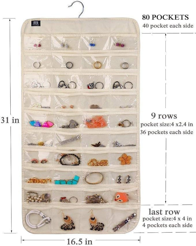 BB Brotrade Hanging Jewelry Organizer,Double Sided Jewelry Storage Organizer with Embossed Pattern,80 Clear PVC Pockets Organizer for Holding Jewelries