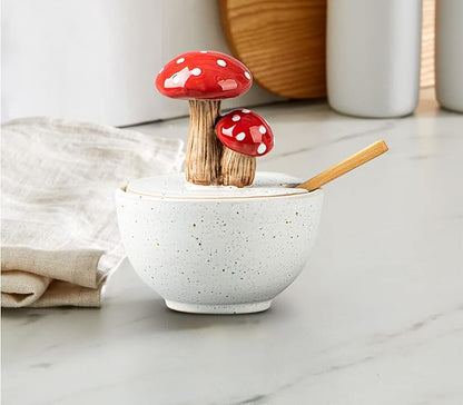 dgudgu Mushroom Salt Cellar With Lid Ceramic Salt Box White Salt Bowl Salt Container With Lid Salt Pig With Bamboo Spoon Salt Holder Salt Well Salt Keeper