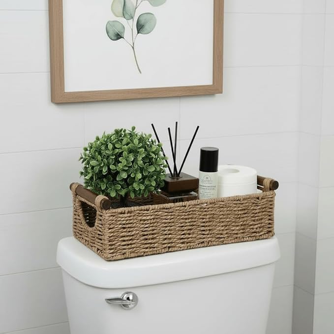 CubesLand Wicker Toilet Storage Basket Tray Organizer W/Cut Out Handle, Slim Decorative Basket for Countertop, Shelves And for Versatile Home Decor, Living Room, Nursery Organization, Neutral