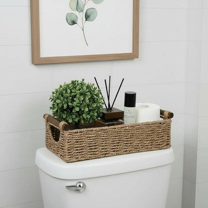 CubesLand Wicker Toilet Storage Basket Tray Organizer W/Cut Out Handle, Slim Decorative Basket for Countertop, Shelves And for Versatile Home Decor, Living Room, Nursery Organization, Neutral