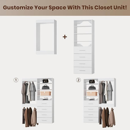 ROOMTEC Modular Closet System, 58" Wall-Mounted Closet Organizer with Drawers and Hanging Rods, Wooden Tower for Walk-In Closets, Wardrobe Storage Kit, White