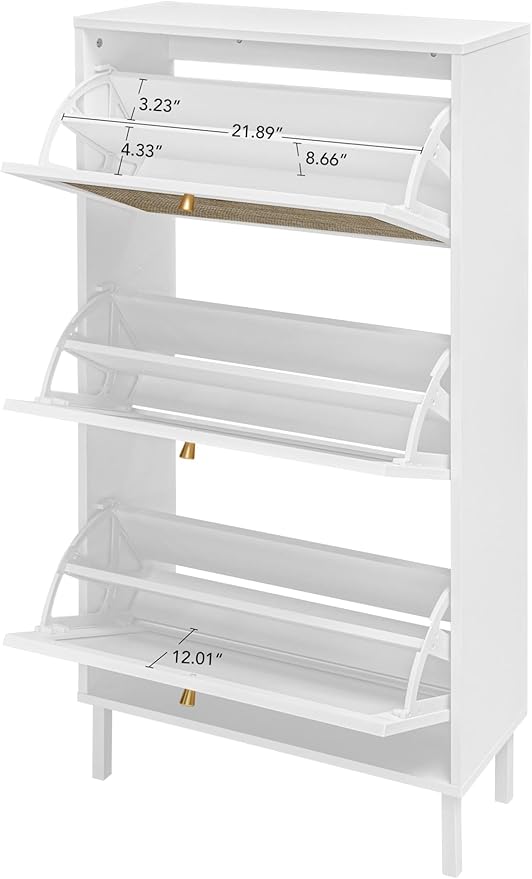 ZeHuoGe Rattan Shoe Cabinet with 3 Flip Drawers, Narrow Hidden Shoe Rack Storage Cabinet for Heels,Slippers, Free Standing Shoe Rack, Entrance Hallway Entryway (White)