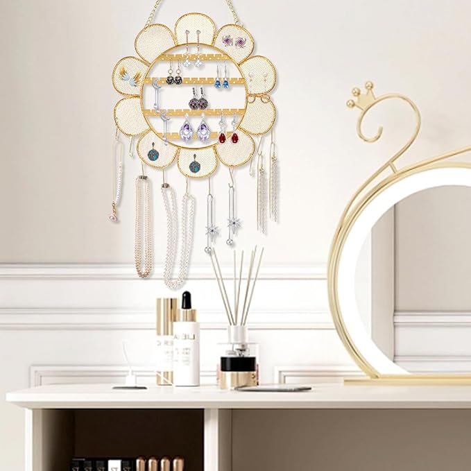 Flower Shaped Earring Holder Wall Mounted Earring Rack Hanging Jewelry Organizer Wall Necklaces Storage Grid Shape Jewelry Display Stand for Stud Earring Bracelets