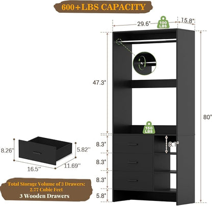 Aheaplus 2.5FT Closet System with 3 Drawers, 29.5’’ Closet Organizer, Wood Closet Organizer System, Walk-in Closet or Small Closets Wardrobe, Clothes Rack with Hanging Rods,-E6, Black
