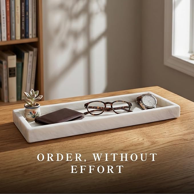 Bey-Berk Atticus Marble Bath Tray (White), 14.25" x 3.75" x 4", Genuine Stone Vanity Organizer