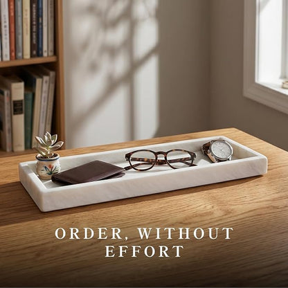 Bey-Berk Atticus Marble Bath Tray (White), 14.25" x 3.75" x 4", Genuine Stone Vanity Organizer