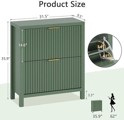 YOMILUVE Fluted Shoe Storage Cabinet with 2 Flip Drawers, Freestanding Shoe Organizer, Hidden Slim Narrow Shoe Rack for Entryway, Hallway, Green