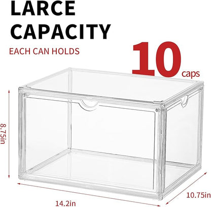 Acrylic XLarge Hat Organizer Box,2 Pack Hat Display Case,Stackable Clear Baseball Caps Storage Box Containers with Double-Sided Magnetic Door,Holds 12 Hats Each (Clear)