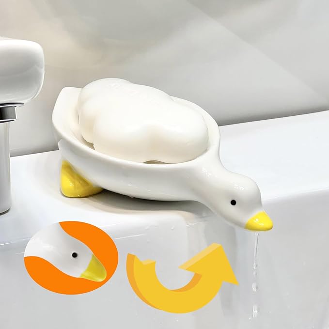 Cute Duck Ceramic Soap Dish with Drainage, Self-Draining, Non-Slip & Easy - Clean, Ceramic Soap Holder for Bathroom Kitchen, Ideal for Soap Sponge, Trinkets, Bathroom Decor Gift