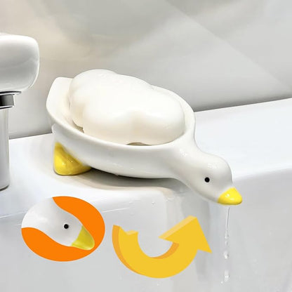 Cute Duck Ceramic Soap Dish with Drainage, Self-Draining, Non-Slip & Easy - Clean, Ceramic Soap Holder for Bathroom Kitchen, Ideal for Soap Sponge, Trinkets, Bathroom Decor Gift