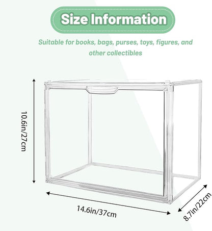 2-Pack Clear Book Storage Organizer Box, Stackable Acrylic Display Case with Magnetic Door, Portable Bookcase Containers for Comics, Handbags, Toys and Shoes, 14.2" x 10.6" x 8.7"
