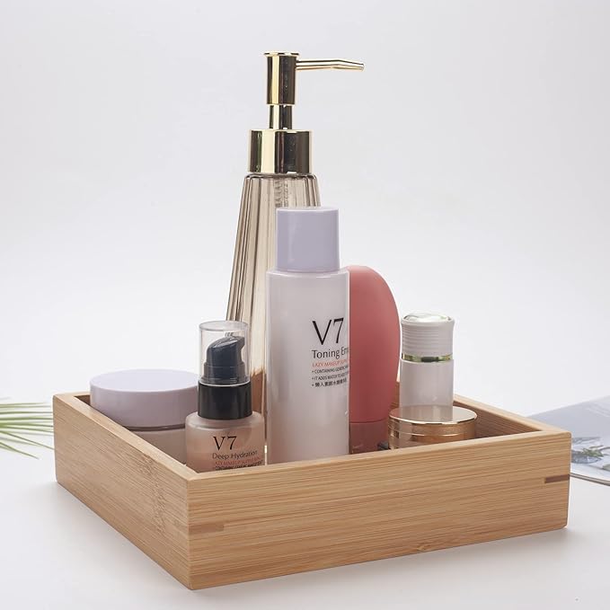 Natural Bamboo Vanity Organizer Set - Wooden Bathroom/Kitchen Countertop Tray, Set of 3