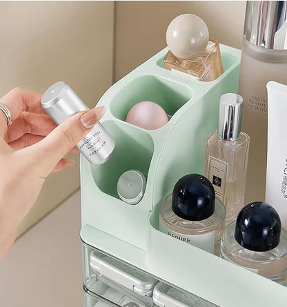 Tiered Makeup Organizer, Mint Green Cosmetic Storage Display Case with Brush Holder, Vanity Beauty Product Storage System