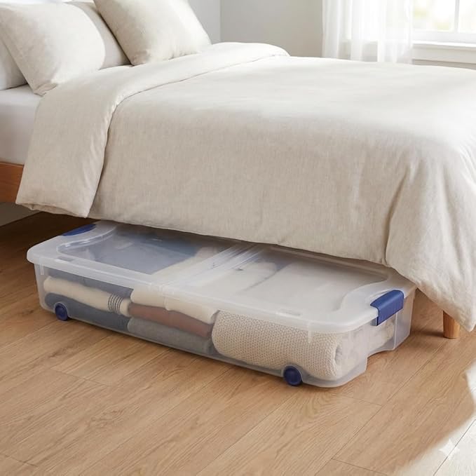 66 Quart Underbed Storage Bin with Wheels & Clear Lid, Under Bed Storage Container for Blankets, 39.5" x 20.25" x 7", Split-Lid Design & Smooth Gliding Wheels