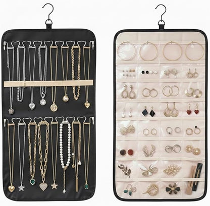 Hanging Jewelry Organizer, Dual-Sided Necklace Holder with Multiple Clear Pockets - Wall Mount & Over The Door Closet Storage for Earrings, Rings, Bracelets - 360° Rotating Hanger (1, Black, M)