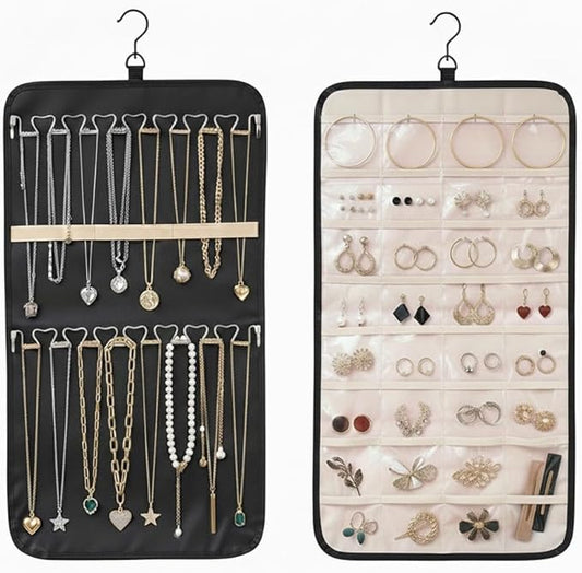 Hanging Jewelry Organizer, Dual-Sided Necklace Holder with Multiple Clear Pockets - Wall Mount & Over The Door Closet Storage for Earrings, Rings, Bracelets - 360° Rotating Hanger (1, Black, M)