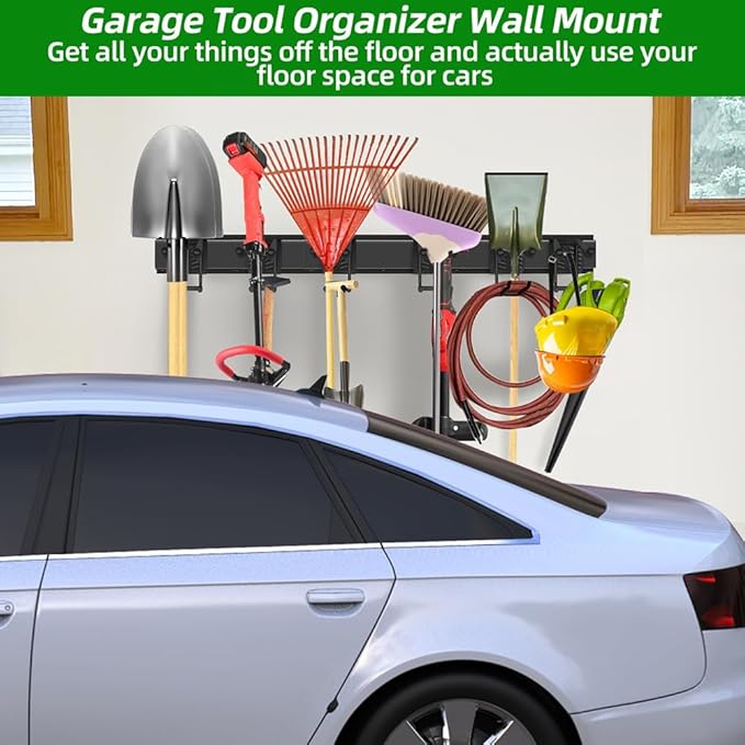 PIYILO Garage Tool Organizer Wall Mount with 48 inches Rails and 6 Double-layer Hooks, Garden Tool Rack Heavy Duty, Garage Hanging Storage Rack For Yard Tools, Shovel, Shed