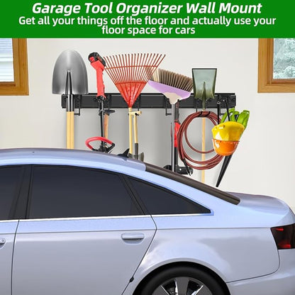 PIYILO Garage Tool Organizer Wall Mount with 48 inches Rails and 6 Double-layer Hooks, Garden Tool Rack Heavy Duty, Garage Hanging Storage Rack For Yard Tools, Shovel, Shed