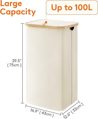 Lifewit 100L Laundry Basket with Lid, Clothes Hampers for Laundry with Bamboo Handles and 1 Removable Bag, Large Foldable Laundry Hamper for Bedroom, Bathroom, Dorm, Laundry Room, White