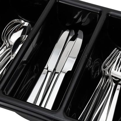 Restaurantware-21.9 x 14.2 x 3.5 Inch Silverware Organizer, 1 Crack-Resistant Cutlery Tray - 4 Compartments, Built-In Handles, Black Plastic Utensils Drawer Holder, For Kitchen Organization