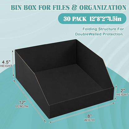 Fuyoooo 30 Pack 12 x 8 x 4.5 Inches Cardboard Storage Bins Open Top Bin Boxes Black Corrugated Shelf Organizer Bins for Pantry, Parts, Garage, Snacks, Bottles, Cans or Warehouse Home Cubby