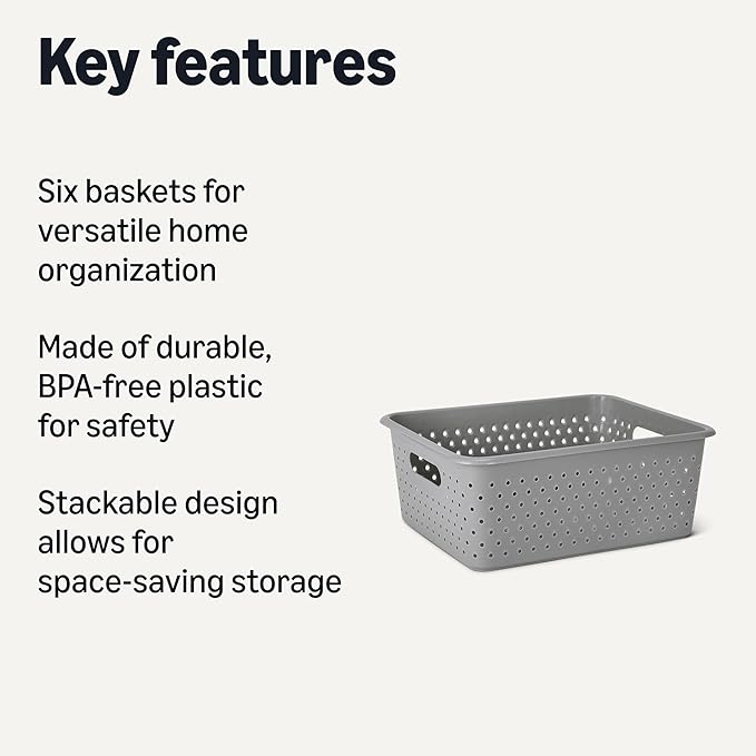 Amazon Basics Decorative BPA-Free Plastic Storage Baskets, 13.66 x 11.34 x 5.39, Grey, Pack of 4